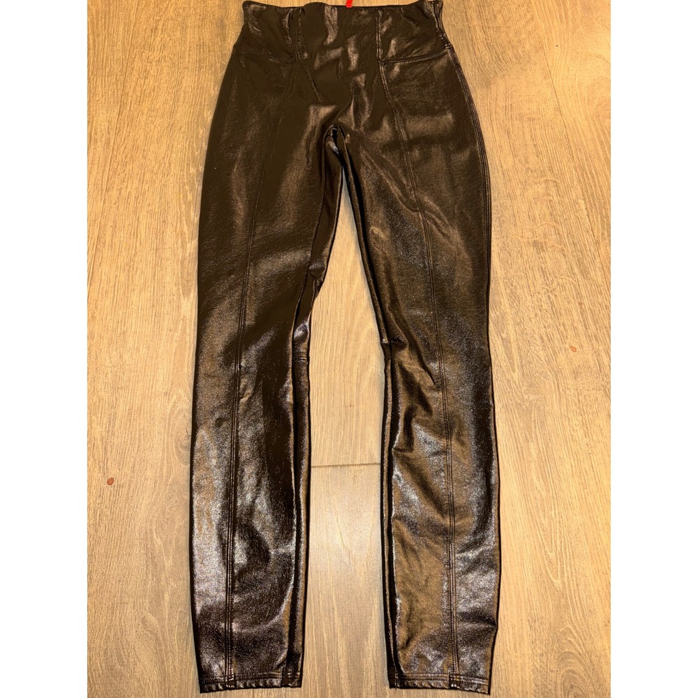 Spanx Faux Leather Seamed Moto Leggings Black Metallic Halloween Women L Tall